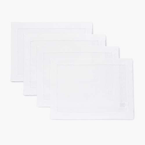 Solino Home 100% Pure Linen Placemats White Hemstitch, 14 x 19 in, Set of 4 | Classic Hemstitch Place Mats place settings for daily dining | hand hemstitched borders, artisan crafted | OEKO-TEX Certified - color: 01: White, size: 14" X 19" (Set of 4)