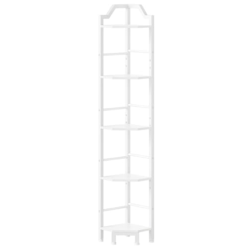 HOOBRO Narrow Corner Shelf Stand, 5-Tier Corner Shelf, 63” Tall Multipurpose Corner Bookshelf, Standing Display Shelf Plant Stand, for Living Room, Study, Kitchen, White WW100CJ01 - color: White