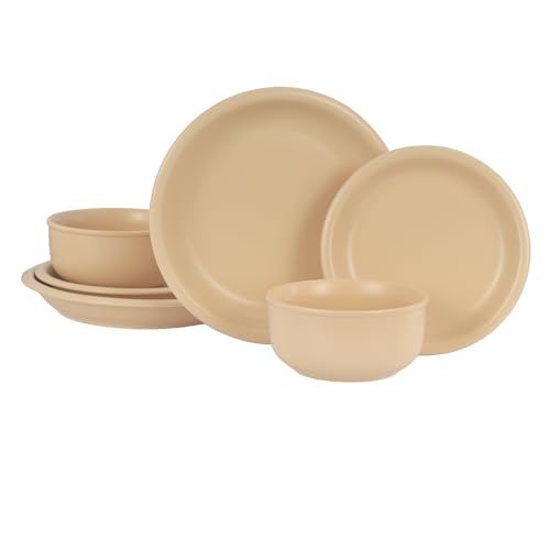 GZG Vintage Series Ceramic Dinnerware Set for 2, 6 Pieces, Warm Apricot | Stoneware Plates and Bowls Set, Lead-Free, Handcrafted Dishes Set, Microwave & Dishwasher Safe - color: Warm Sand, size: Service for 2(6pcs)