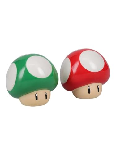 Super Mario Brothers Mushroom Salt and Pepper Shakers Officially Licensed Nintendo Red & Green 1-Up Ceramic Set for Kitchen & Home Decor, Housewarming Gift for Movie and Gaming Fans | Paladone