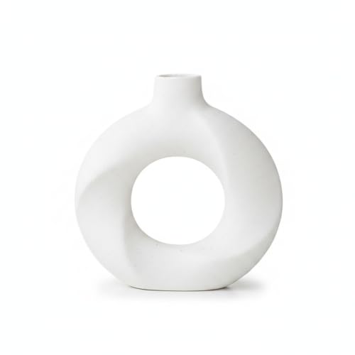 Ceramic Vase, Donut Shaped Geometric Sculpture for Home Decor, White Minimalist Centerpiece for Shelf or Console, 8 Inch (1 PC) - size: 5.51 x 1.57 x 5.91 in