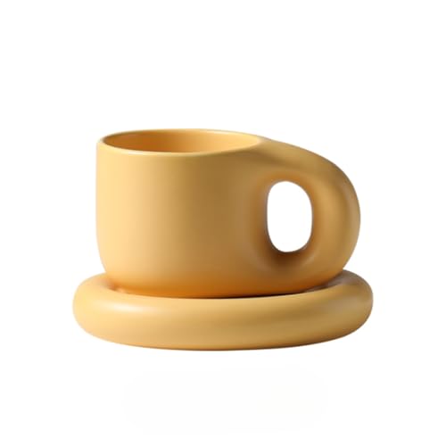 10oz Nordic Ceramic Coffee & Tea Mug, Saucer, Cute Cup, Lovers Gift, Orange | Dishwasher Safe, Microwave Safe, Chunky Handle, Chubby Shape, Home Office Décor, Gift Idea, Kitchen Essentials, Durable - color: Orange