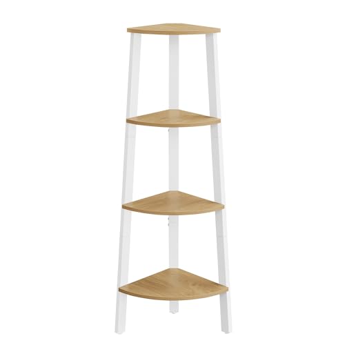 VASAGLE Corner Shelf Stand, 4-Tier Corner Bookshelf, Industrial Ladder Shelf, Plant Stand for Living Room, Office, Kitchen, Natural Oak and Matte White ULLS034Y70 - color: Natural Oak + Matte White, size: 4 Tiers (13.1"D x 13.1"W), style: Particleboard