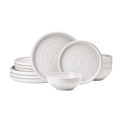 Mikasa Declan 12 Piece Stoneware Dinnerware Set, Service for 4, Modern Plate and Bowl with High Rims for Everyday Use, Beige