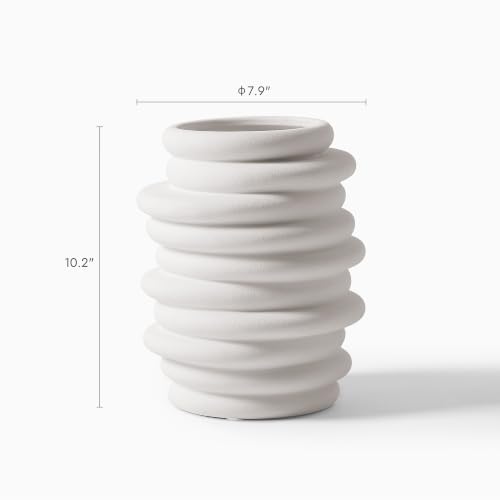 HERNEST HERNEST White Stacked Ring Ceramic Vase - Modern Ribbed Layered Donut Textured Decorative Vase