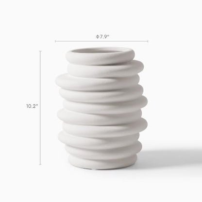 HERNEST HERNEST White Stacked Ring Ceramic Vase - Modern Ribbed Layered Donut Textured Decorative Vase