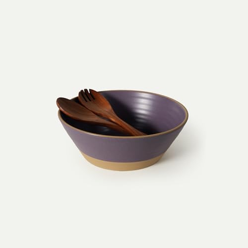 MORA Giant Salad Bowl Set with Wood Salad Servers, 4 qt Large Ceramic Serving Bowl for Salad, Pasta & Fruit, Microwave, Oven and Dishwasher Safe - Nebula - color: Nebula