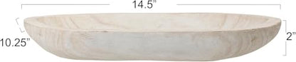 Large Whitewashed Decorative Wood Bowl - Hand Carved Paulownia Tray for Coffee Table Centerpiece & Entryway Catchall - Organic Modern Farmhouse Decor