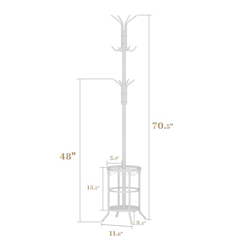 Coat Rack Freestanding with Umbrella Holder – Metal Hanger Stand, Hall Tree with 12 Hooks, Entryway Organizer for Hats, Bags, and Clothes (White) - color: White