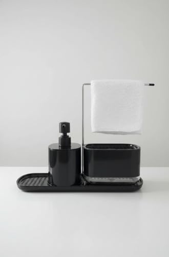 Kitchen Soap Dispenser 5 in 1 Set with Tray, Organizer, Sponge Holder and Dishcloth Holder, Hand and Dish Soap Dispenser for Kitchen Sink, Black Plastic Liquid Soap Dispenser Pump