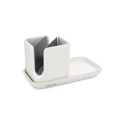 Full Circle Sinkside Ceramic Cleaning Station - Kitchen Sink Caddy & Sponge Holder, Countertop Organizer for Dish Brushes & Scrubbers - Dishwasher Safe, Rustproof, Compact Design, White