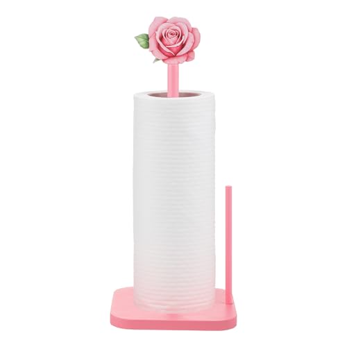 Leinuosen Pink Rose Paper Towel Holder Coquettish Cute Rose Wooden Paper Towel Holder Pink Bathroom Countertop Accessories Kitchen Roll Stand Organizer Standing Apartment Decor Housewarming Gift - style: Pink Roses