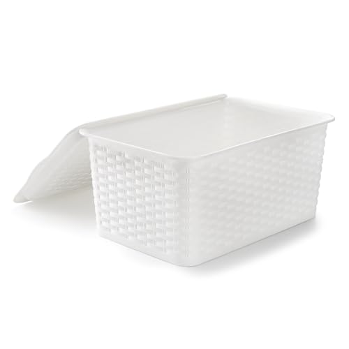 Dicunoy 4 Pack Lidded Storage Bins with Lids, White Stackable Storage Baskets for Shelf, Plastic Pantry Organizer with Handle for Home, RV, Lockers, Classrooms, School, Toys, 11" x 7" x 5"
