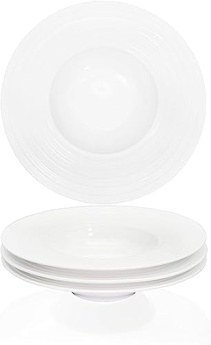 Ceramic Wide Rimmed Soup Plate, Soup Bowl 12 oz, Pasta Bowl Set of 4, White Shallow Bowl Plate with Rim, Best choice for high-end restaurants, hotels, and foodies,11.4 Inch Coil relief - color: White Coil texture relief, size: 11.4 Inch