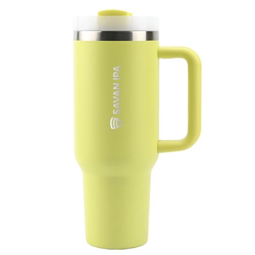 Insulated Tumbler, Lime Green, 40 oz | Stainless Steel Vacuum, Handle and Straw, Leak Resistant Lid, Fits Car Cup Holder - color: LIME YELLOW, size: 40 oz