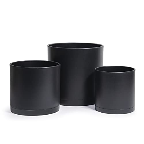 D'vine Dev 3-Pack Plastic Pots & Saucers, 6.5/8/10 in, Black, 74-V-B-4 | Multi-Size Options, Lightweight Durable, Matte Finish, Cylinder Shape, Drainage Holes, Sleek Design, Detachable Saucer - color: Matte Black, size: Large