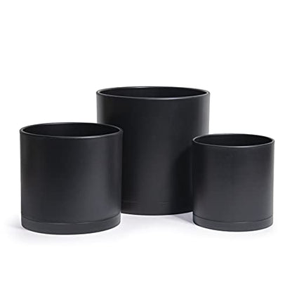 D'vine Dev 3-Pack Plastic Pots & Saucers, 6.5/8/10 in, Black, 74-V-B-4 | Multi-Size Options, Lightweight Durable, Matte Finish, Cylinder Shape, Drainage Holes, Sleek Design, Detachable Saucer - color: Matte Black, size: Large
