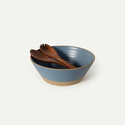 MORA Giant Salad Bowl Set with Wood Salad Servers, 4 qt Large Ceramic Serving Bowl for Salad, Pasta & Fruit, Microwave, Oven and Dishwasher Safe - Sky - color: Sky
