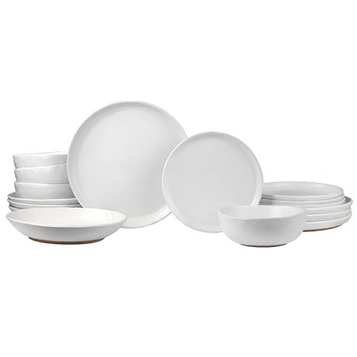 Sango 16-Piece Boho Farmhouse Stoneware Dinnerware Set for 4, Semi-Matte White Plates and Bowls Sets with Rustic Speckled Glaze, Ceramic Dish Set, Modern Dishes, Microwave & Dishwasher Safe, Kaya - color: White