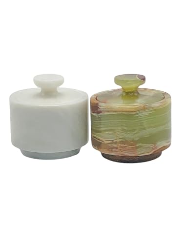 Marble Salt Cellar with Lid 2 Pack - Stone Salt Container for Countertop, Salt Box Keeper for Kitchen Counter, 3.5 oz OceanicX Marble Cellar Set (White Green) - color: White Green