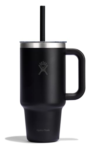 Hydro Flask Travel Tumbler with Handle, Clear Lid and Straw - Insulated Stainless Steel - color: Black, size: 32 Ounces