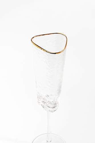 Bec's Designs Champagne Flutes Set of 4, 6oz Handblown, Hammered Gold Rim | Triangular champagne glasses offer elegant stemware for mimosas, Prosecco & weddings; handblown hammered glass design.