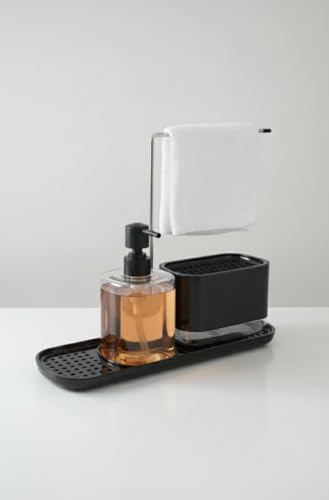 Kitchen Soap Dispenser 5 in 1 Set with Tray, Organizer, Sponge Holder and Dishcloth Holder, Hand and Dish Soap Dispenser for Kitchen Sink, Black Plastic Liquid Soap Dispenser Pump