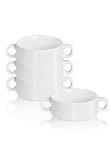 French Onion Soup Bowls with Handles, 12-Ounce Stackable Soup Crocks, Ceramic Soup Bowls Dishwasher, Oven, Microwave Safe, Large Ramekins Bowls Set of 4 (Moon White) - color: Moon White