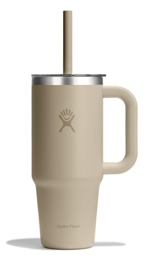 Hydro Flask Travel Tumbler with Handle, Clear Lid and Straw - Insulated Stainless Steel - color: OAT, size: 24 Ounces