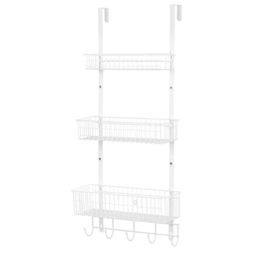 YBING Over The Door Organizer with Hooks, 3 Tier Door Hanger, White | Door Hanging Shelf, Over Door Towel Rack with 3 Mesh Baskets, Behind Door Pantry Organizer, For Bathroom Bedroom - color: White