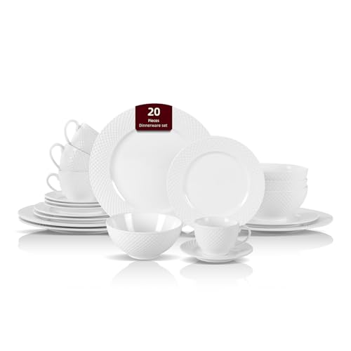 HomeVss, New Bone China Dinnerware Set, Embossed Diamond Design, 20pc Set - color: Diamond, size: Service for 4 - 20pc Set