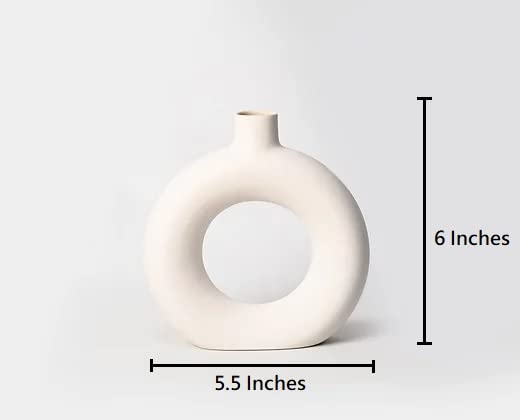 Donut Vase Pot Off White Ceramic Decorative Handcrafted Round Shaped for Home Decor, Center Table, Bedroom Side Corner, Living Room Decoration,and Gift, 6 Inches