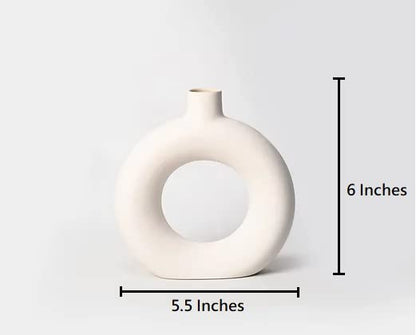 Donut Vase Pot Off White Ceramic Decorative Handcrafted Round Shaped for Home Decor, Center Table, Bedroom Side Corner, Living Room Decoration,and Gift, 6 Inches