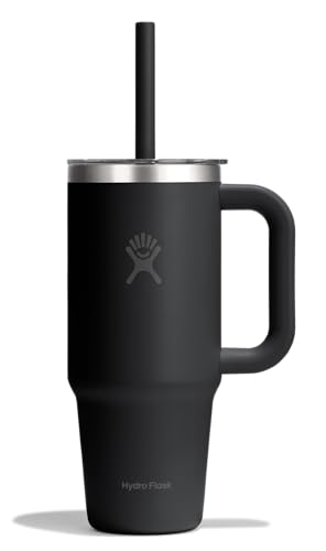 Hydro Flask Travel Tumbler with Handle, Clear Lid and Straw - Insulated Stainless Steel - color: Black, size: 24 Ounces