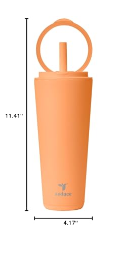 REDUCE Halo 32 oz Stainless Steel Vacuum Insulated Tumbler - Spill Proof Travel Mug with Flip Handle Lid - Keeps Drinks Cold for 32 Hrs - Dishwasher Safe - Cupholder Friendly - Papaya - color: Papaya, size: 32 Ounces