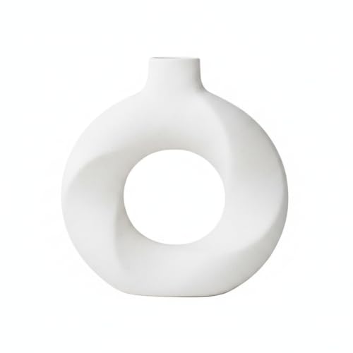 Ceramic Vase, Donut Shaped Geometric Sculpture for Home Decor, White Minimalist Centerpiece for Shelf or Console, 8 Inch (1 PC) - size: 7.48 x 2.17 x 7.99 in