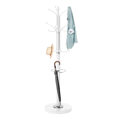 ZOZOE Metal Coat Rack Stand, Modern Coat Rack Freestanding with Natural Marble Base, Sturdy Coat Racks with 12 Hooks & Umbrella Holder,White Coat Tree Hanger Stand for Bags,Hats,Entryway,Office - color: White 12 Hooks