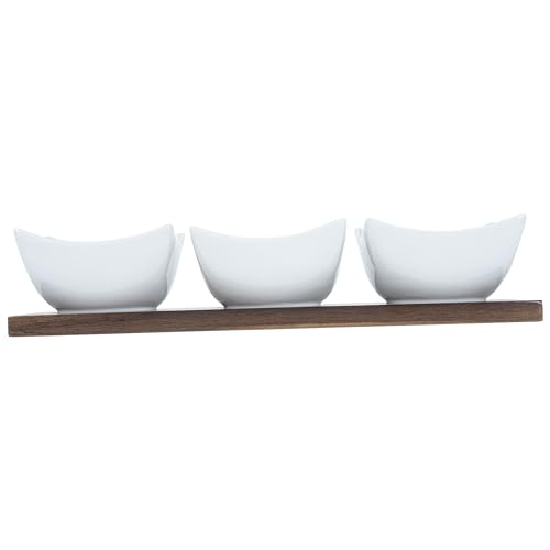 Restaurantware-15 Ounce Bowl Set with Tray - 1 Dishwashable Serving Set, Includes 3 Porcelain Bowls And 1 Bamboo Tray, Durable, White Porcelain And Bamboo Bowl And Platter Kit, Reusable, Freezable - size: Triple set, style: Cocktail