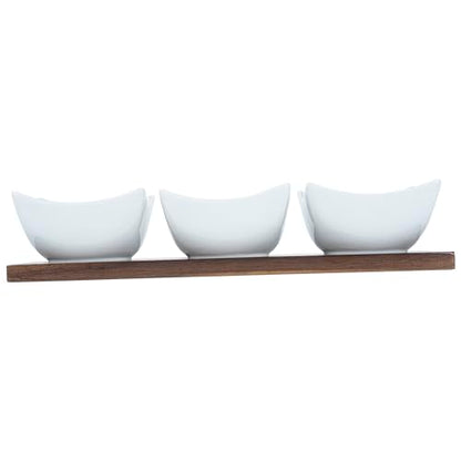 Restaurantware-15 Ounce Bowl Set with Tray - 1 Dishwashable Serving Set, Includes 3 Porcelain Bowls And 1 Bamboo Tray, Durable, White Porcelain And Bamboo Bowl And Platter Kit, Reusable, Freezable - size: Triple set, style: Cocktail