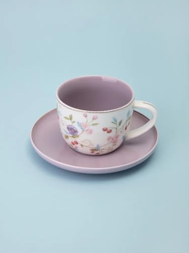 Porcelain Set of 2 Pastel Cups 8 oz with Saucers 5.75", Glamour by Marsseus Collection, Gift Box, Floral motif - color: Floral motif-1