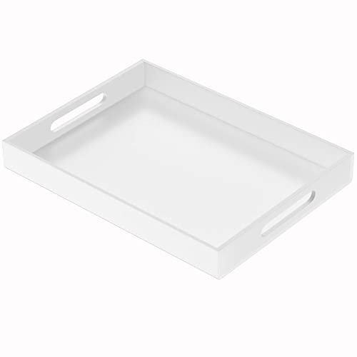 NIUBEE Acrylic Serving Tray 12x16 Inches -Spill Proof- White Decorative Tray Organiser for Ottoman Coffee Table Countertop with Handles - color: White, size: 16" x 12" x 2"