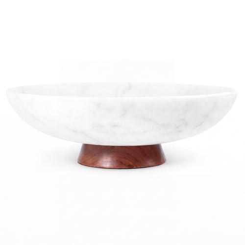 Decorative Marble Bowl White - Handcrafted Natural Stone on Removable Acacia Wood Pedestal Base - Versatile 10" Catch‑All Centerpiece - Entryway, Dining Table, Kitchen Fruit Bowl, Key Holder (White) - color: White