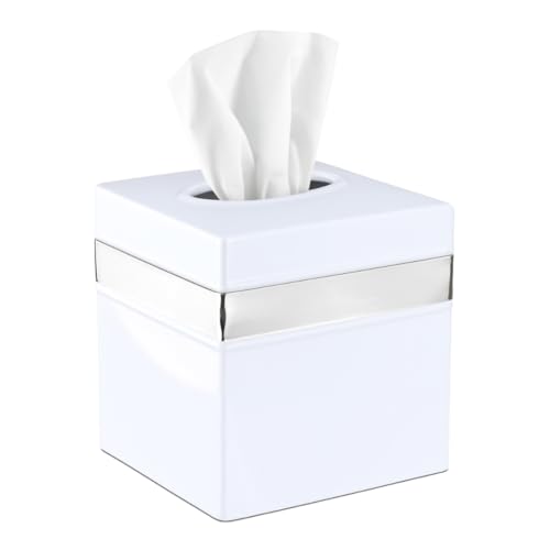 Monarch Abode Handcrafted Tissue Box Cover Square, White with Nickel Band Tissue Holder, Square Metal Dresser Accessories, Decorative Tissue Box Holder, White with Nickel Band Tissue Cover - color: White-nickel Finish
