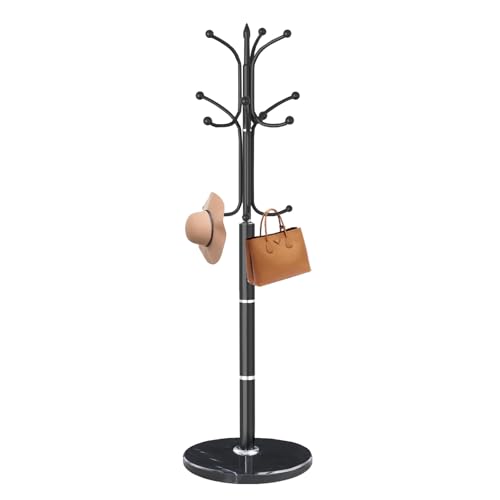 Coat Rack Stand,Black Metal Coat Rack Freestanding with 12 Hooks | Modern Coat Rack with Natural Marble Base,Heavy Duty Coat Hanger Stand, Coat Hall Clothes Tree Stand for Office,Bebroom - color: Black-12Hooks