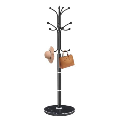Coat Rack Stand,Black Metal Coat Rack Freestanding with 12 Hooks | Modern Coat Rack with Natural Marble Base,Heavy Duty Coat Hanger Stand, Coat Hall Clothes Tree Stand for Office,Bebroom - color: Black-12Hooks