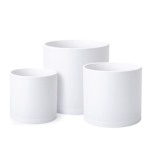 D'vine Dev 3-Pack Plastic Pots & Saucers, 6.5/8/10 in, White, 74-V-A-4 | Multi-Size Options, Lightweight Durable, Matte Finish, Cylinder Shape, Drainage Holes, Sleek Design, Detachable Saucer - color: Matte White, size: Large