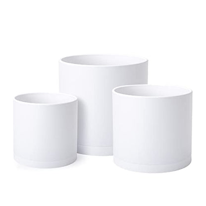 D'vine Dev 3-Pack Plastic Pots & Saucers, 6.5/8/10 in, White, 74-V-A-4 | Multi-Size Options, Lightweight Durable, Matte Finish, Cylinder Shape, Drainage Holes, Sleek Design, Detachable Saucer - color: Matte White, size: Large