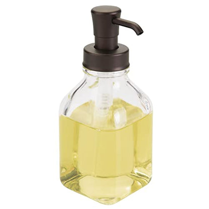 mDesign Square Glass Refillable Liquid Soap Dispenser Pump Bottle for Bathroom Vanity Countertop, Kitchen Sink - Holds Hand Soap, Dish Soap, Hand Sanitizer, Essential Oils - 2 Pack - Clear/Bronze - color: Clear/Bronze