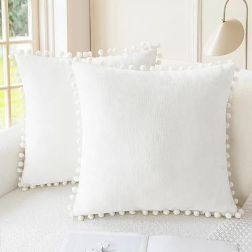 CaliTime Decorative Couch Throw Pillow Covers 16 X 16 Inches True White | Pack of 2, Cozy Chenille Cushion Cases, with Pom Poms for Sofa Bed Living Room Farmhouse Home - color: True White, size: 16" x 16" (Pack of 2)