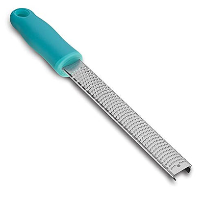 8-Inch Lemon Zester & Cheese Grater, 18/8 Stainless Steel, Blue | Fine 18/8 Stainless Steel Blade for Citrus, Parmesan, Ginger and Garlic, Soft Non-slip Handle, Cover, Dishwasher Safe - color: B-Blue